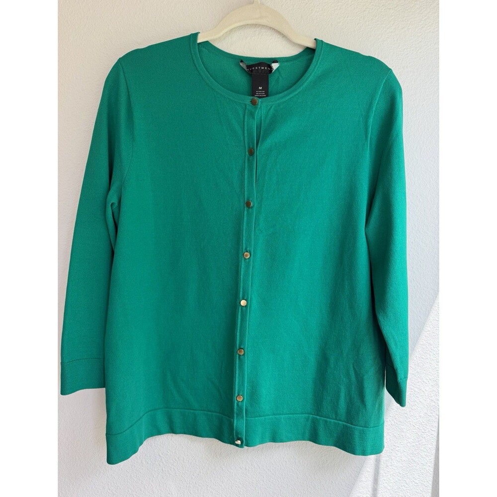 Investments Green Solid Knit Crew Neck Button-Front 3/4 Sleeve Cardigan M